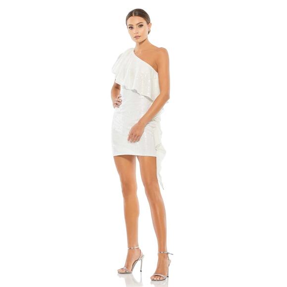 Mac Duggal 10800 White Sequin One Shoulder Ruffled Cocktail Dress Size 4 NWT - Picture 1 of 9